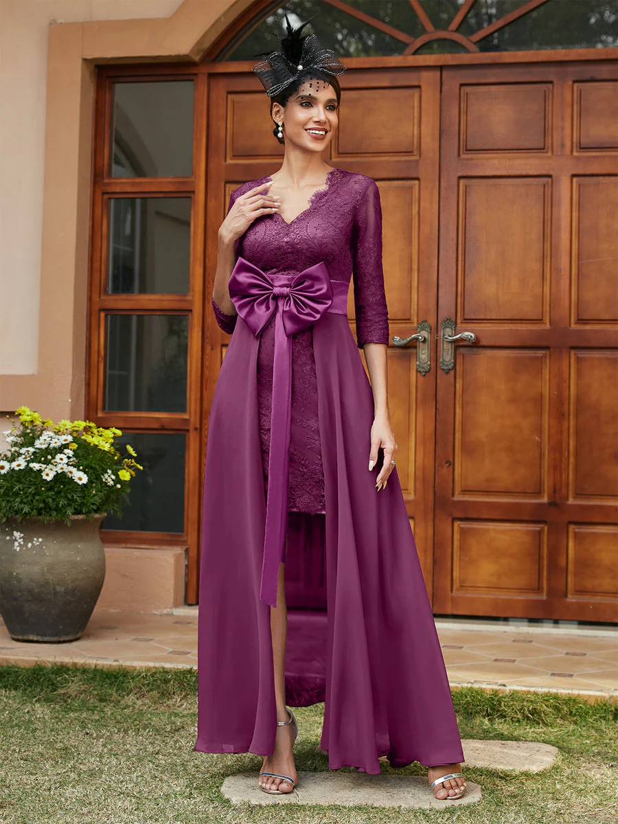 Sheath/Column V-Neck 3/4 Sleeves Lace Evening Dresses with Watteau Train & Bowknot - Image 45