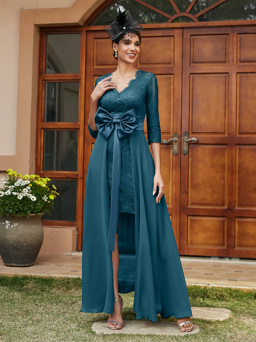 Sheath/Column V-Neck 3/4 Sleeves Lace Evening Dresses with Watteau Train & Bowknot - Image 59