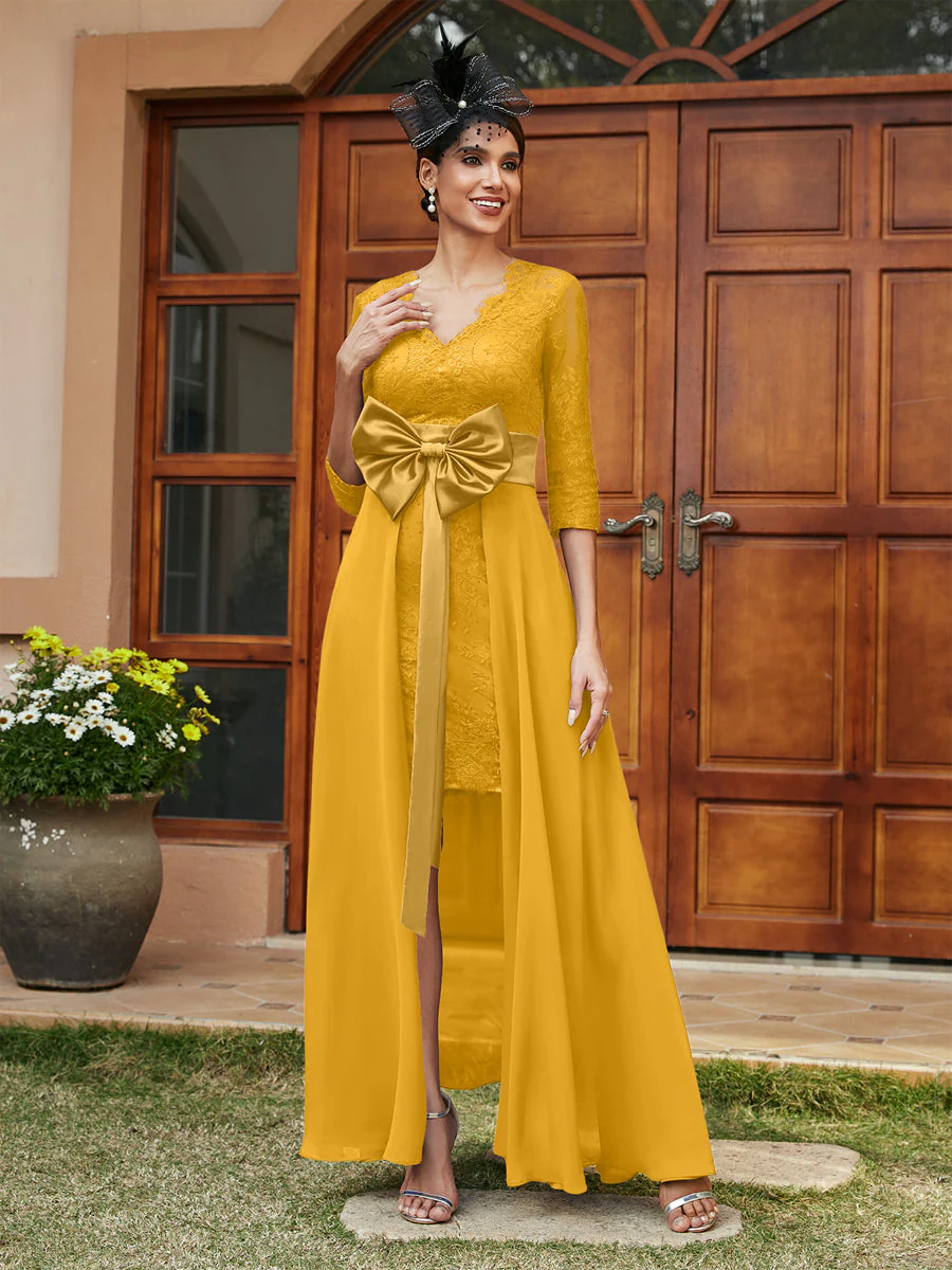 Sheath/Column V-Neck 3/4 Sleeves Lace Evening Dresses with Watteau Train & Bowknot - Image 71