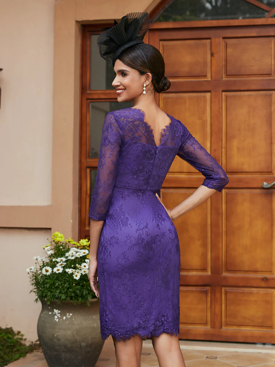 Sheath/Column V-Neck 3/4 Sleeves Lace Evening Dresses with Watteau Train & Bowknot - Image 8