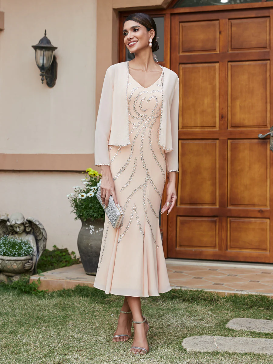 Sheath/Column V-Neck 3/4 Sleeves Long Evening Dresses with Sequins & Jacket - Image 6