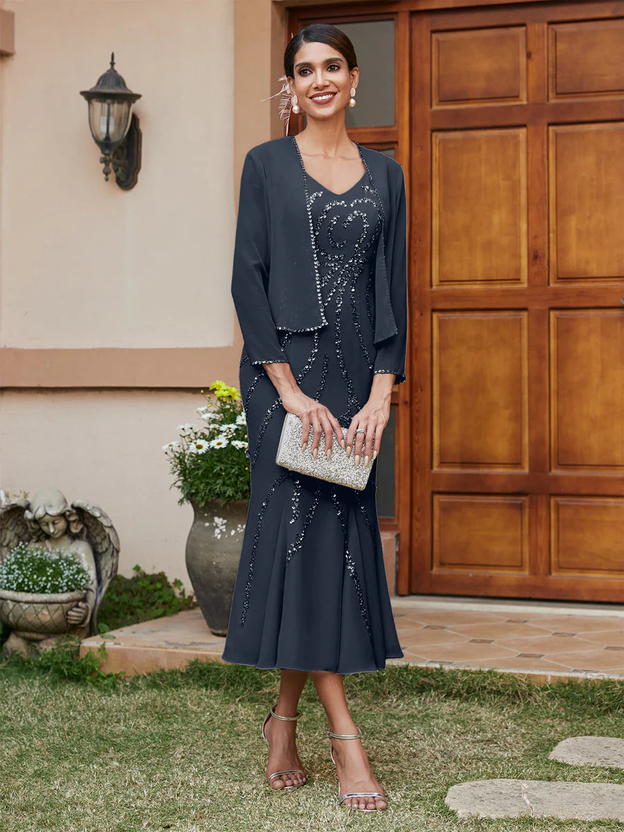Sheath/Column V-Neck 3/4 Sleeves Long Evening Dresses with Sequins & Jacket - Image 62