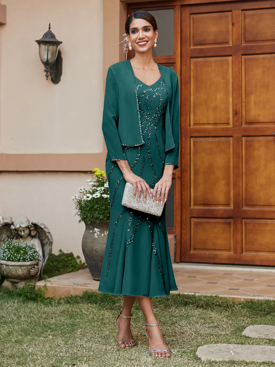 Sheath/Column V-Neck 3/4 Sleeves Long Evening Dresses with Sequins & Jacket - Image 69
