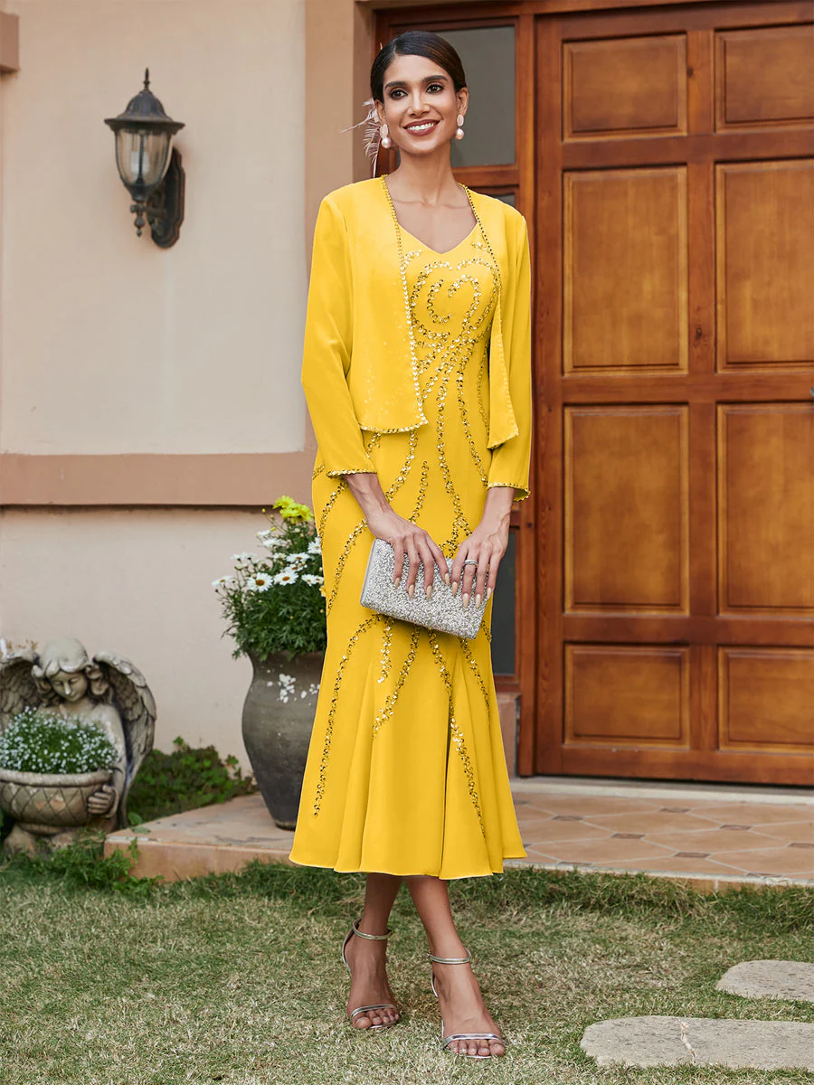 Sheath/Column V-Neck 3/4 Sleeves Long Evening Dresses with Sequins & Jacket - Image 74