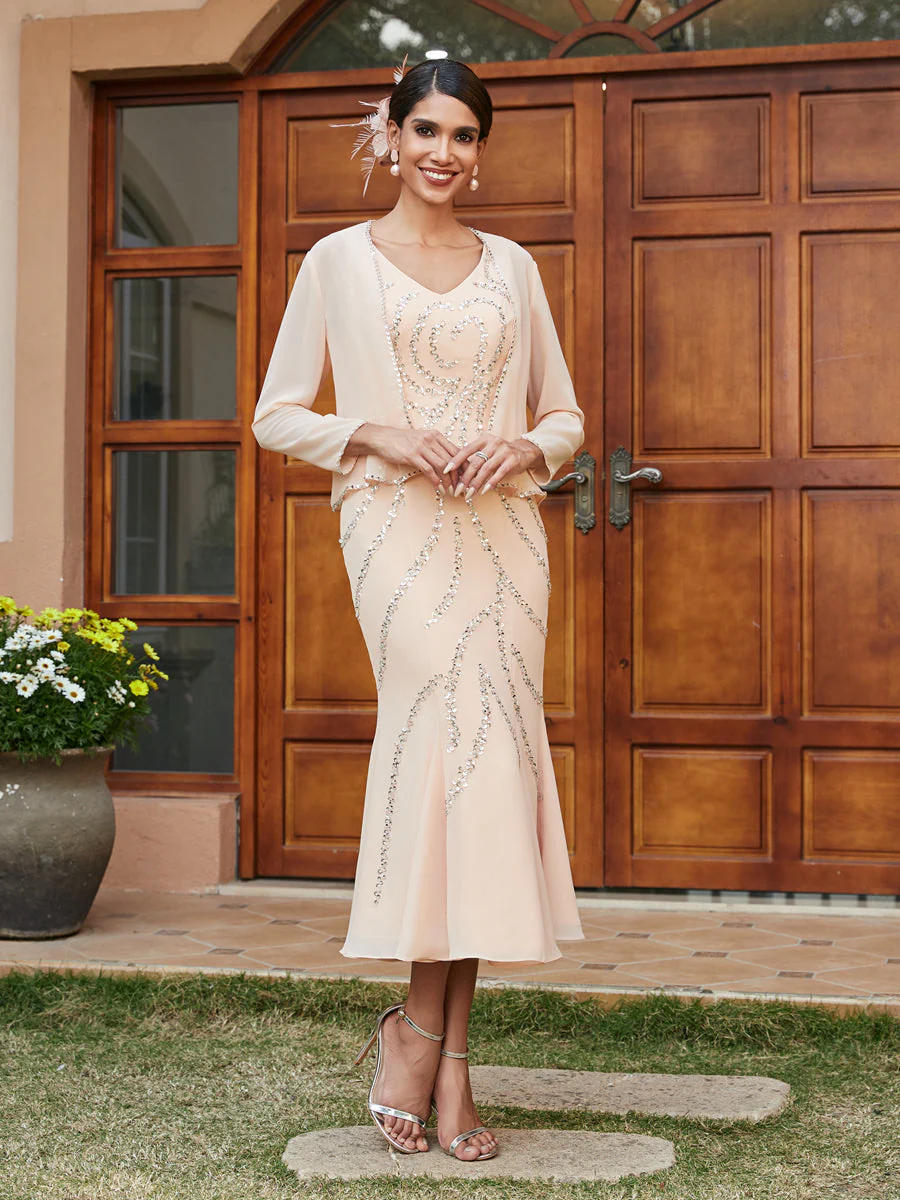 Sheath/Column V-Neck 3/4 Sleeves Long Evening Dresses with Sequins & Jacket - Image 8