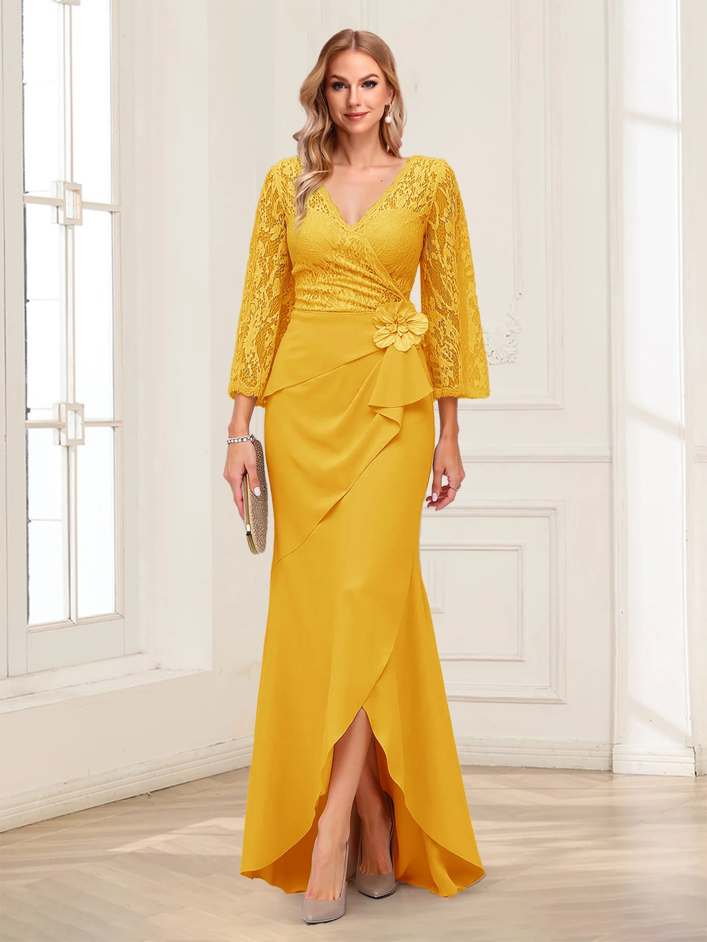 Sheath/Column V-Neck 3/4 Sleeves Mother of the Bride Dresses With Lace & 3D Floral - Image 22