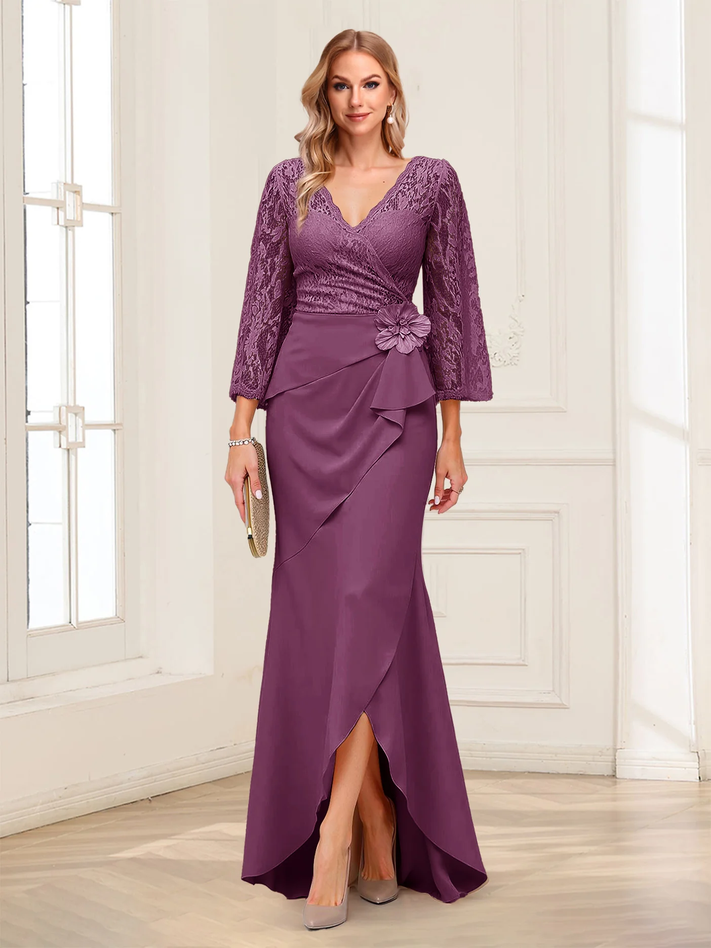 Sheath/Column V-Neck 3/4 Sleeves Mother of the Bride Dresses With Lace & 3D Floral - Image 31