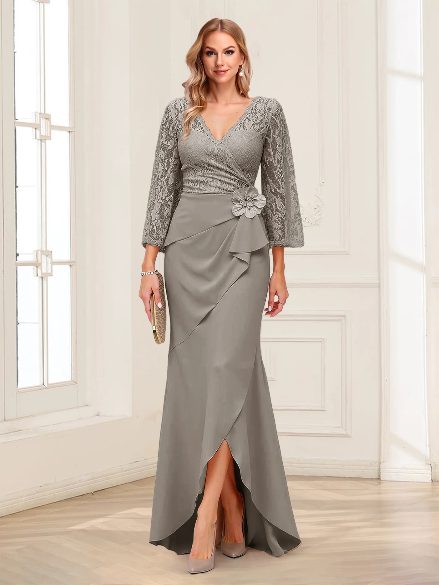 Sheath/Column V-Neck 3/4 Sleeves Mother of the Bride Dresses With Lace & 3D Floral - Image 50