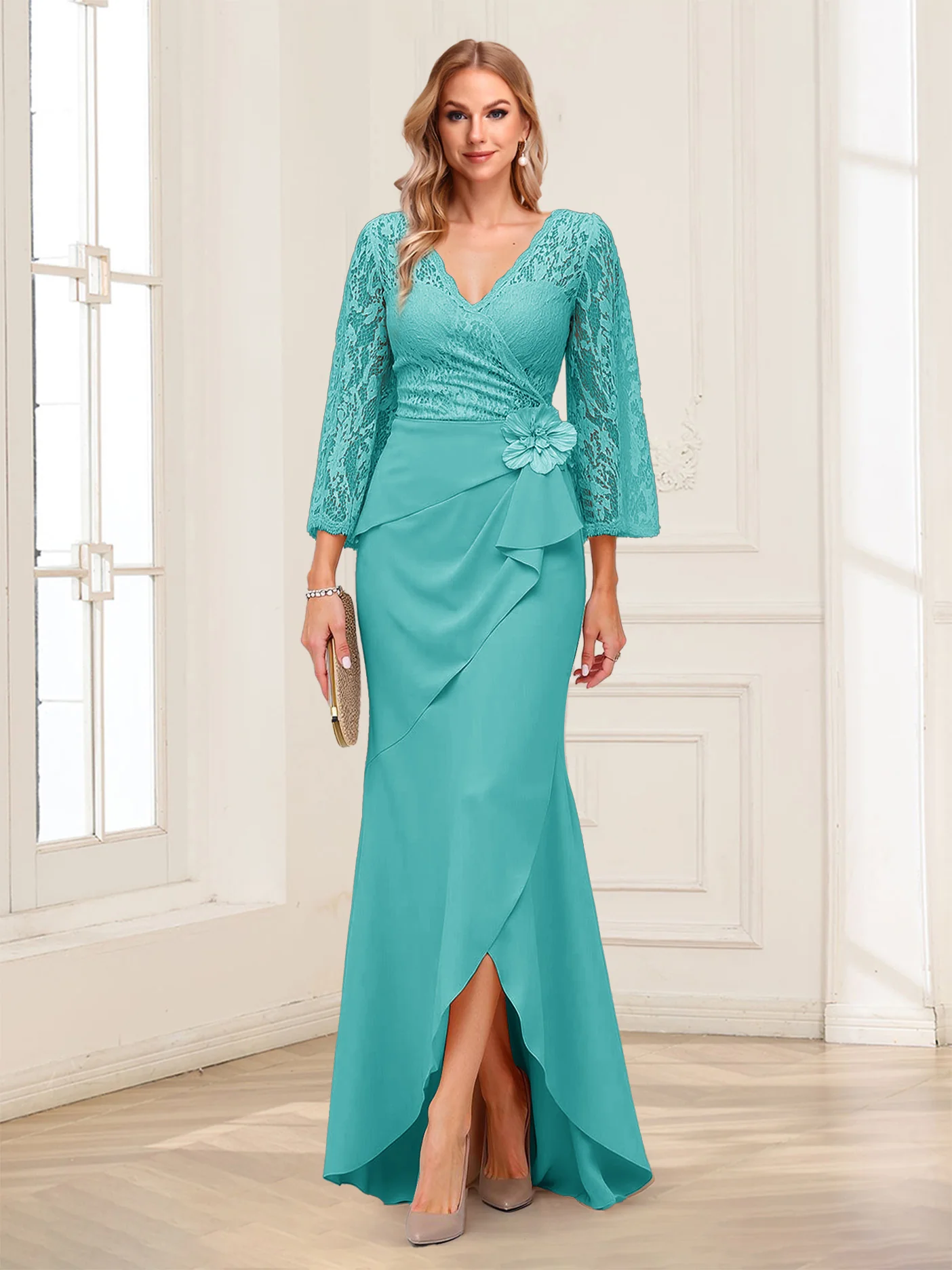 Sheath/Column V-Neck 3/4 Sleeves Mother of the Bride Dresses With Lace & 3D Floral - Image 54