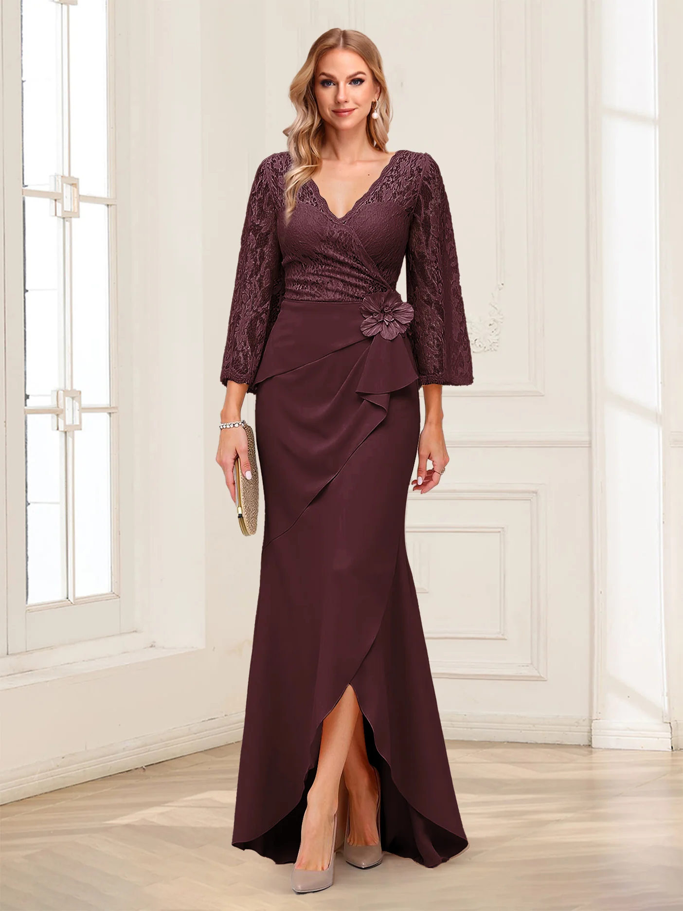 Sheath/Column V-Neck 3/4 Sleeves Mother of the Bride Dresses With Lace & 3D Floral - Image 57