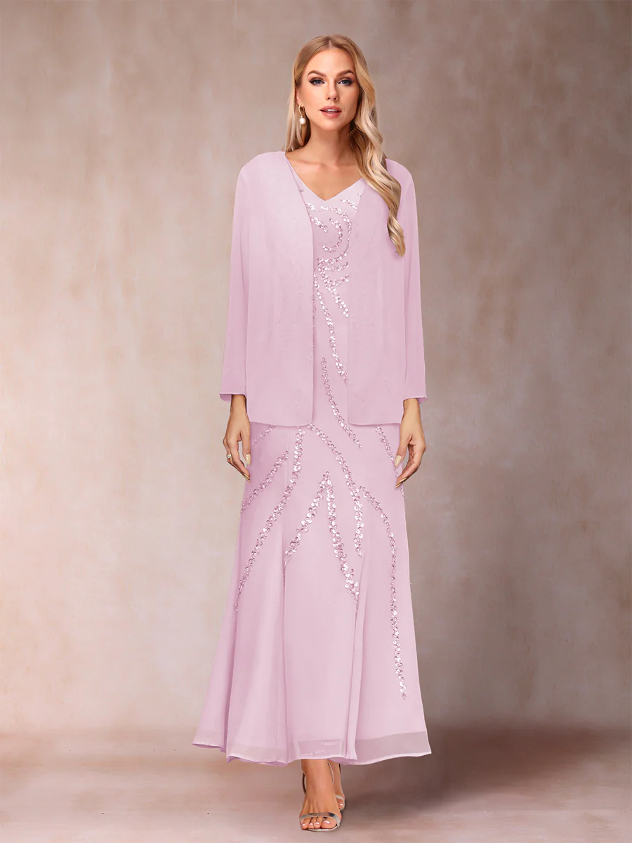 Sheath/Column V-Neck Ankle-Length Evening Dresses With Jacket & Sequins - Image 21