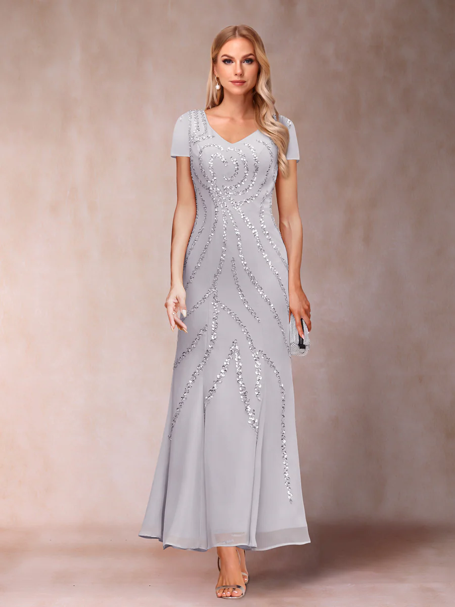 Sheath/Column V-Neck Ankle-Length Evening Dresses With Jacket & Sequins - Image 3