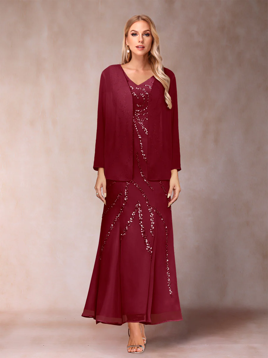 Sheath/Column V-Neck Ankle-Length Evening Dresses With Jacket & Sequins - Image 34