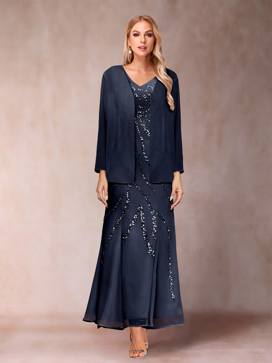 Sheath/Column V-Neck Ankle-Length Evening Dresses With Jacket & Sequins - Image 55