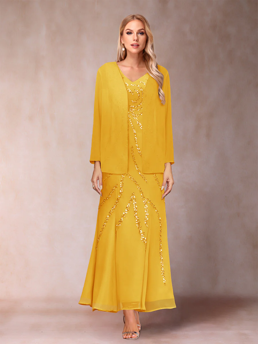 Sheath/Column V-Neck Ankle-Length Evening Dresses With Jacket & Sequins - Image 67