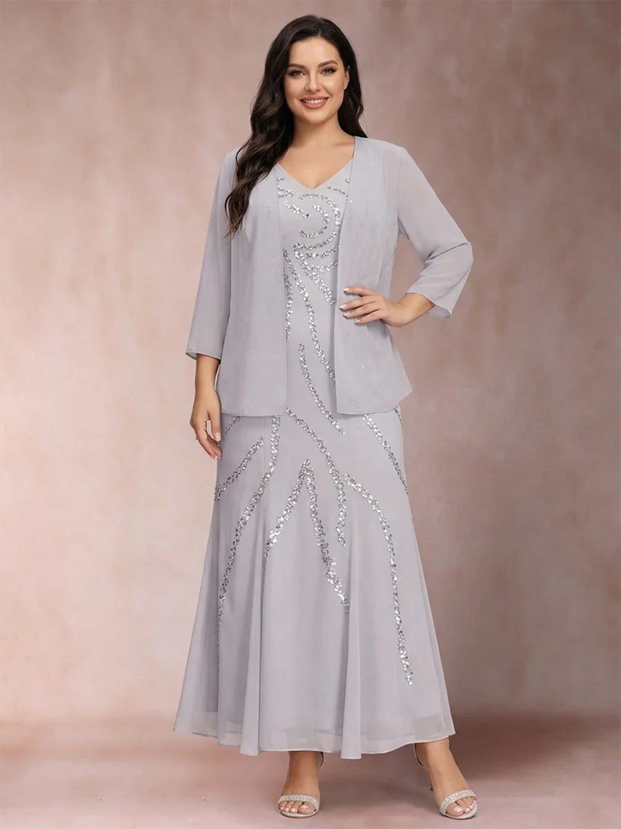 Sheath/Column V-Neck Ankle-Length Plus Size Evening Dresses With Jacket & Sequins