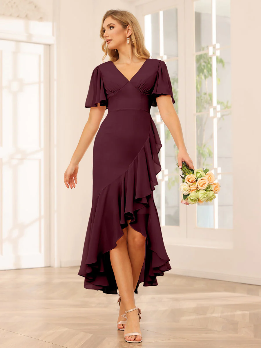 Sheath/Column V-Neck Asymmetrical Bridesmaid Dresses with Ruffles - Image 12