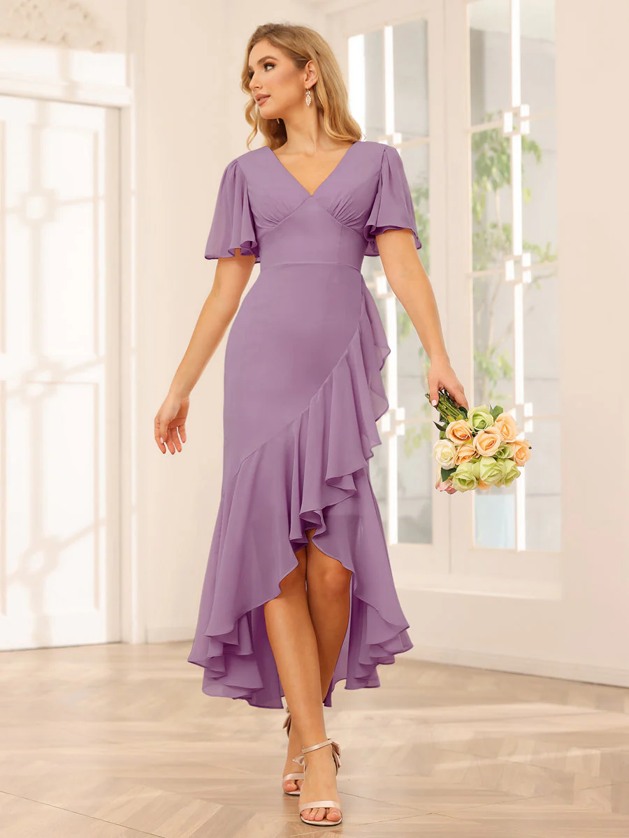 Sheath/Column V-Neck Asymmetrical Bridesmaid Dresses with Ruffles - Image 40