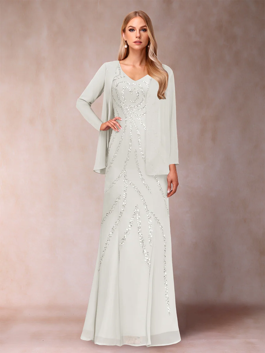 Sheath/Column V-Neck Floor-Length Mother of the Bride Dresses With Jacket & Sequins - Image 18