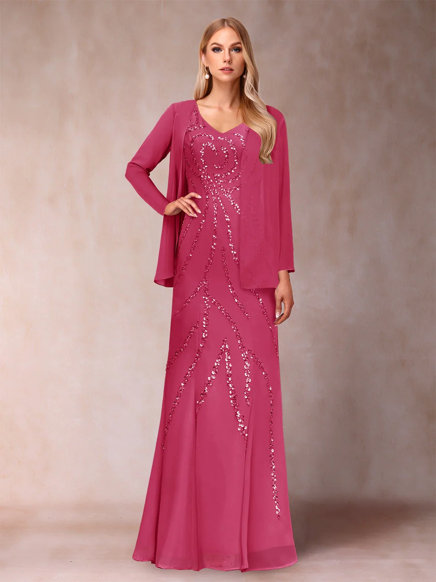 Sheath/Column V-Neck Floor-Length Mother of the Bride Dresses With Jacket & Sequins - Image 31