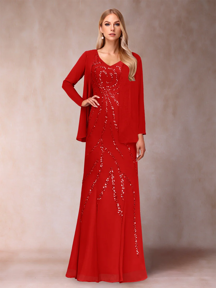 Sheath/Column V-Neck Floor-Length Mother of the Bride Dresses With Jacket & Sequins - Image 33