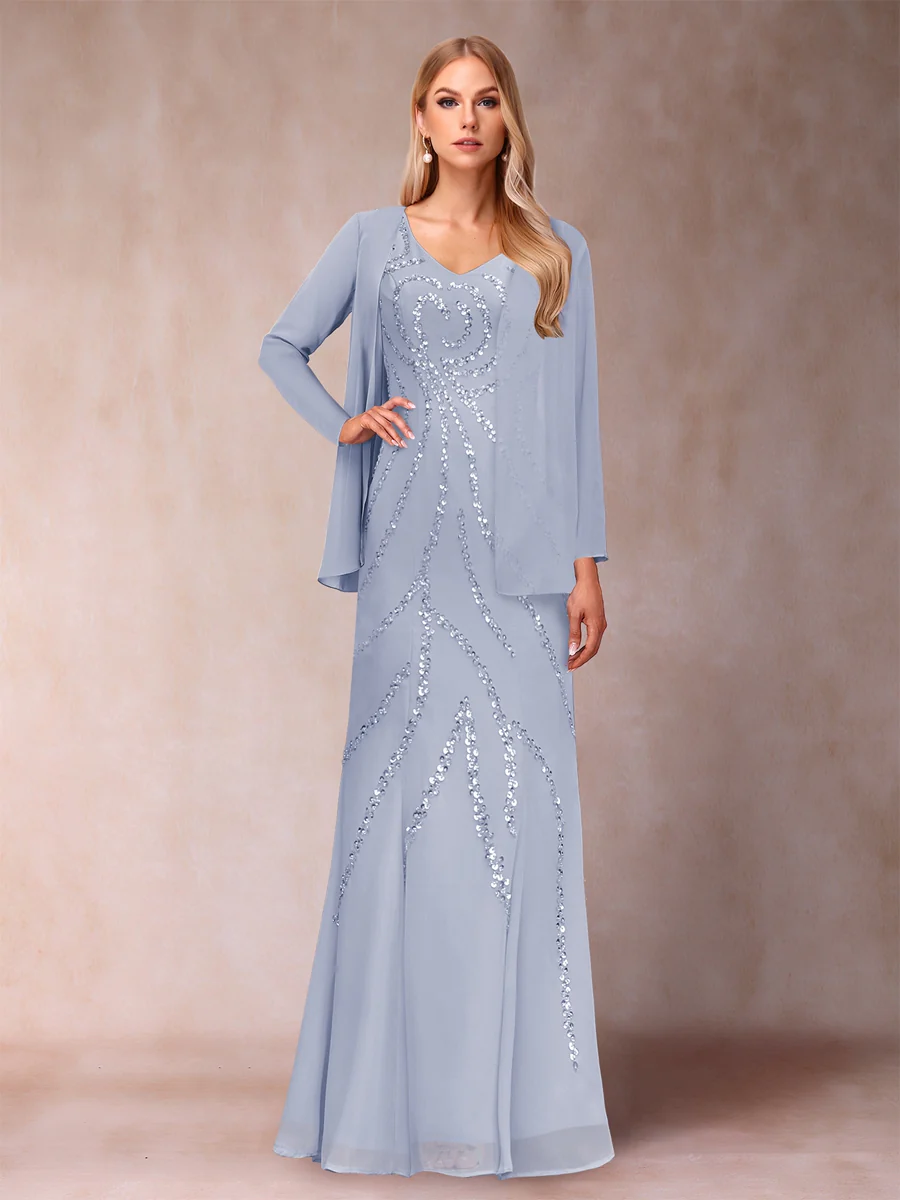 Sheath/Column V-Neck Floor-Length Mother of the Bride Dresses With Jacket & Sequins - Image 45