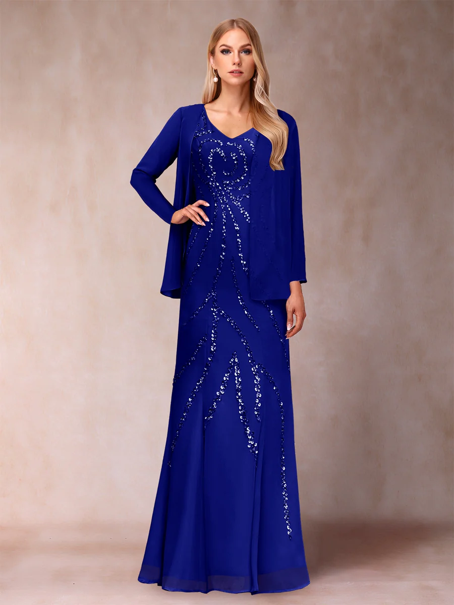 Sheath/Column V-Neck Floor-Length Mother of the Bride Dresses With Jacket & Sequins - Image 52