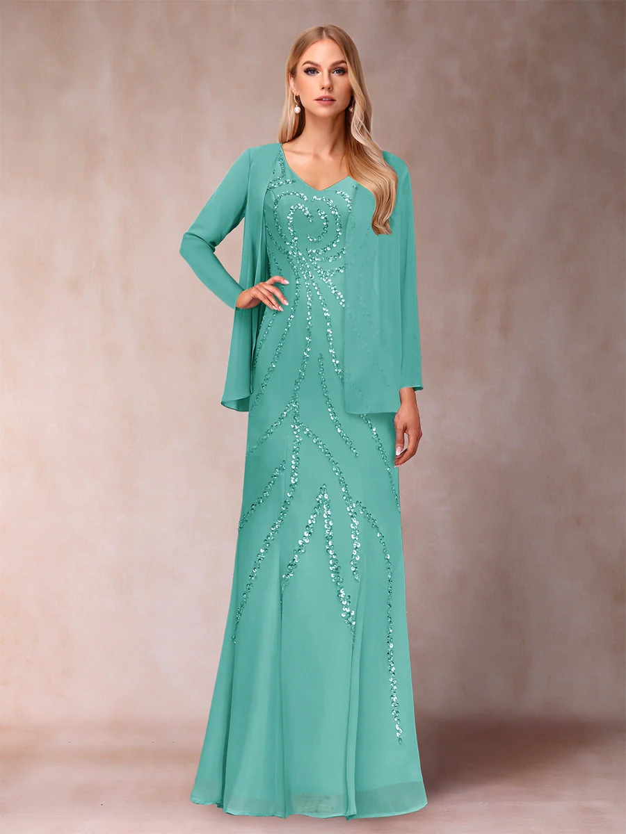 Sheath/Column V-Neck Floor-Length Mother of the Bride Dresses With Jacket & Sequins - Image 58