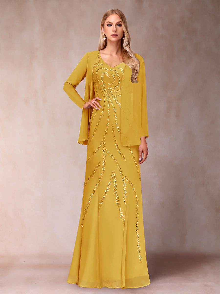 Sheath/Column V-Neck Floor-Length Mother of the Bride Dresses With Jacket & Sequins - Image 66