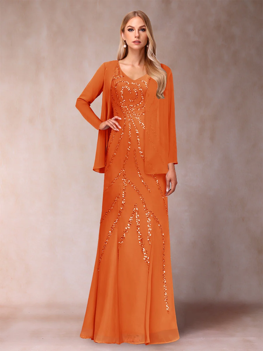 Sheath/Column V-Neck Floor-Length Mother of the Bride Dresses With Jacket & Sequins - Image 68