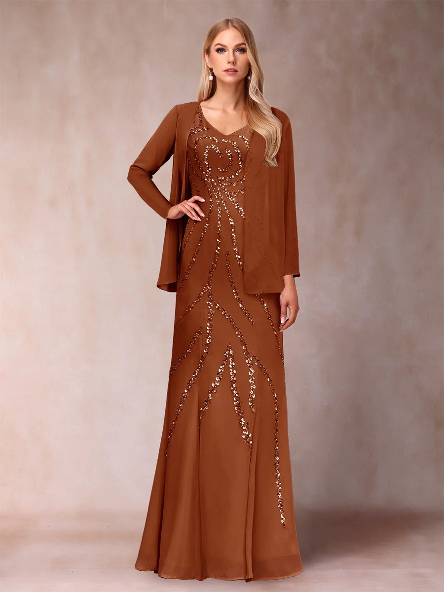 Sheath/Column V-Neck Floor-Length Mother of the Bride Dresses With Jacket & Sequins - Image 7