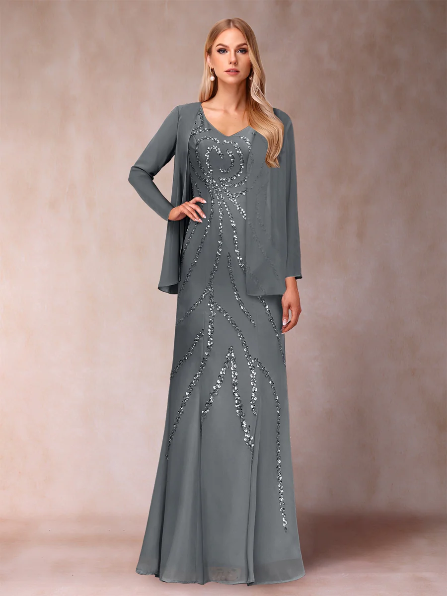 Sheath/Column V-Neck Floor-Length Mother of the Bride Dresses With Jacket & Sequins - Image 71