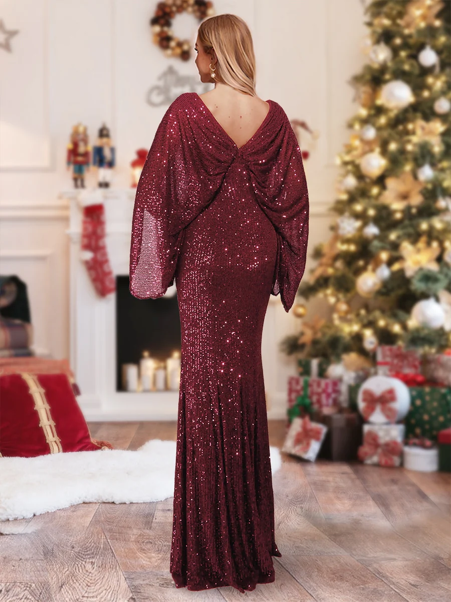 Sheath/Column V-Neck Floor-Length Ruched Christmas Dresses - Image 2