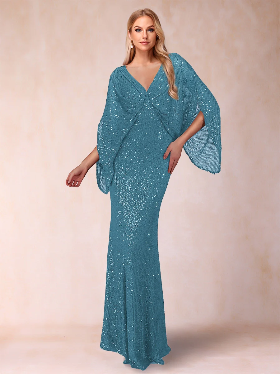 Sheath/Column V-Neck Floor-Length Ruched Mother of the Bride Dresses - Image 36