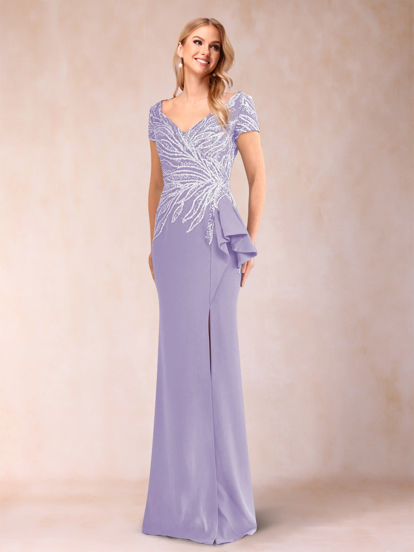 Sheath/Column V-Neck Floor-Length Short Sleeves Mother of the Bride Dresses with Sequins & Split Side - Image 20