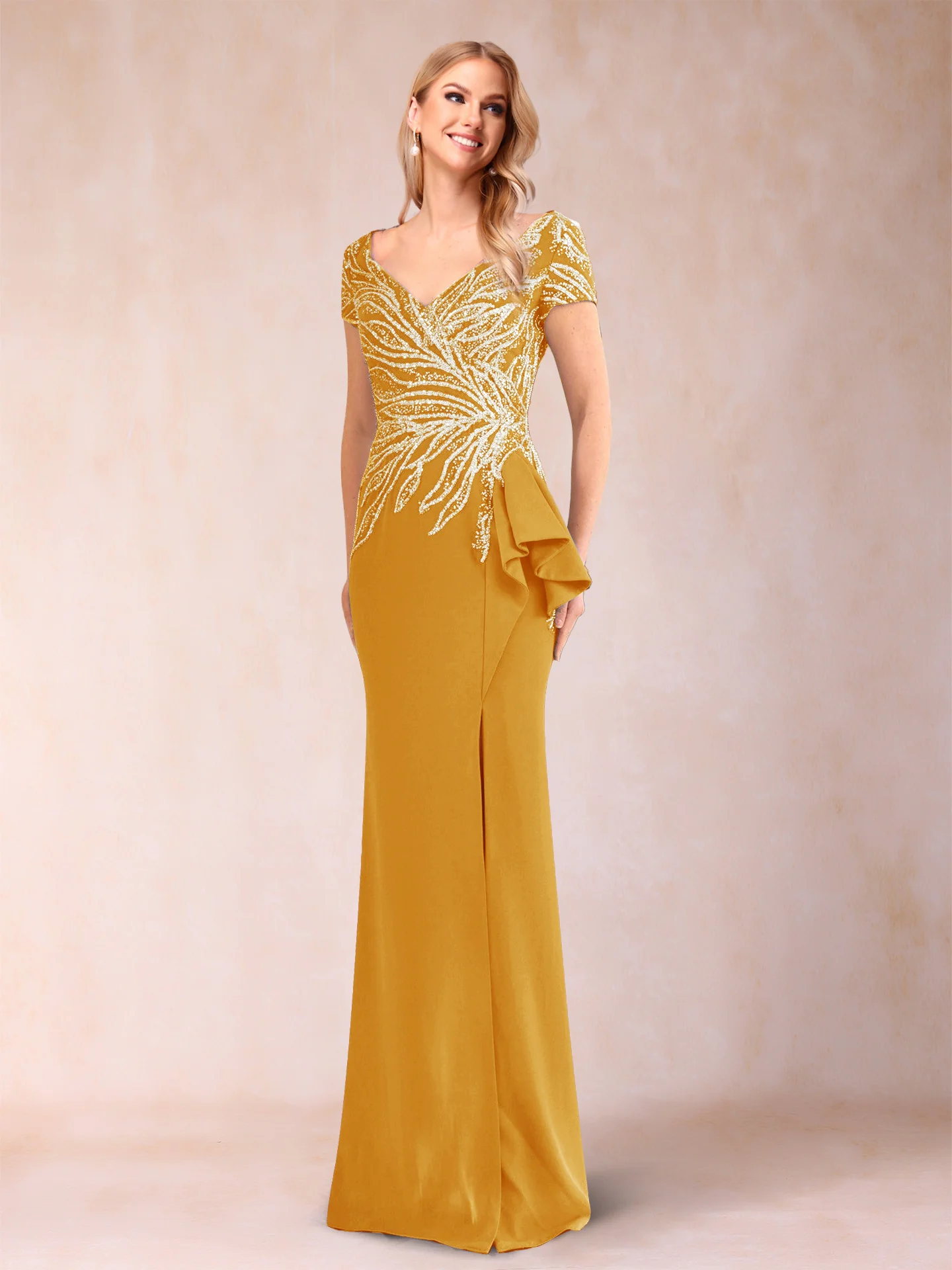 Sheath/Column V-Neck Floor-Length Short Sleeves Mother of the Bride Dresses with Sequins & Split Side - Image 27