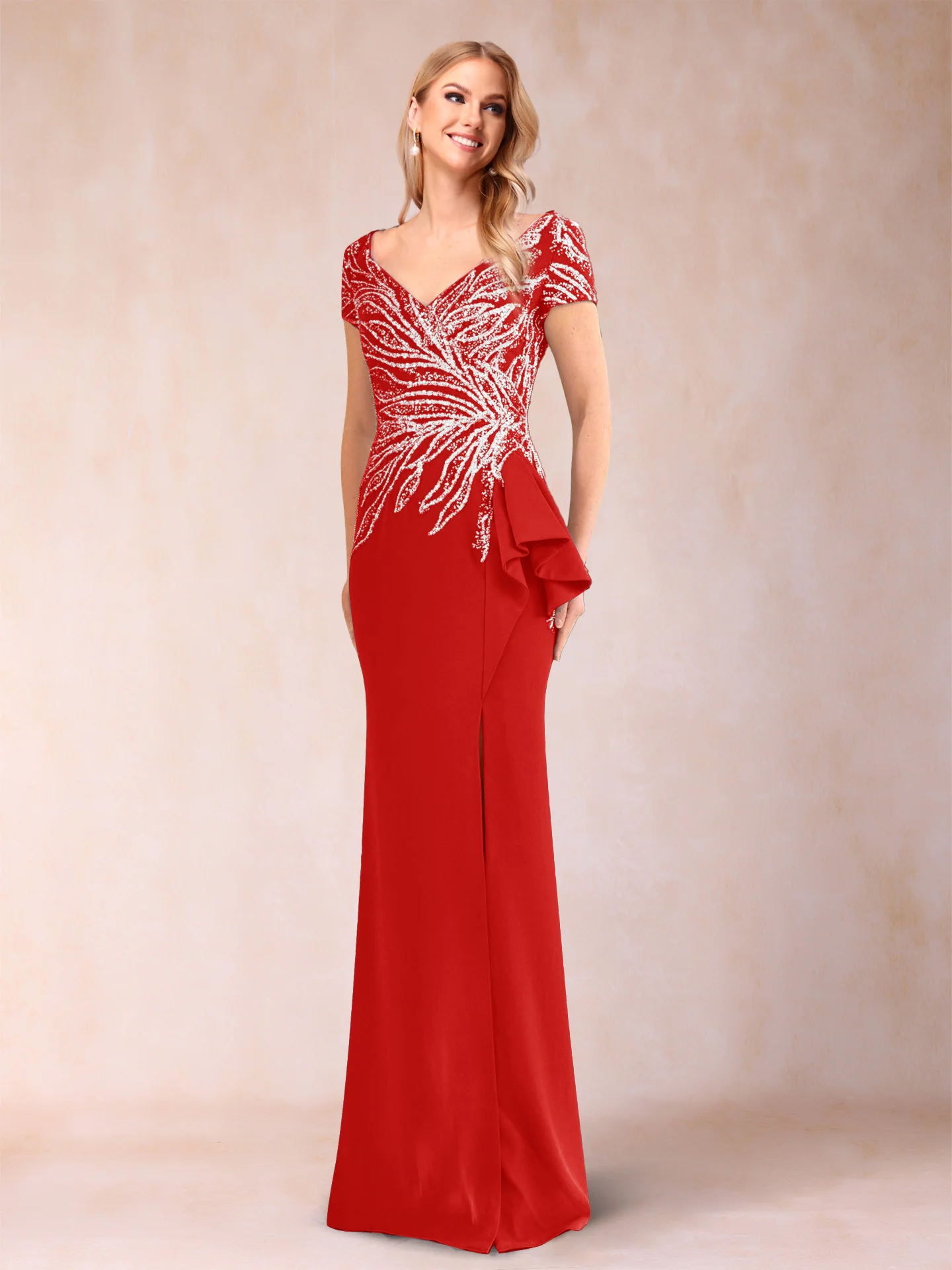Sheath/Column V-Neck Floor-Length Short Sleeves Mother of the Bride Dresses with Sequins & Split Side - Image 38