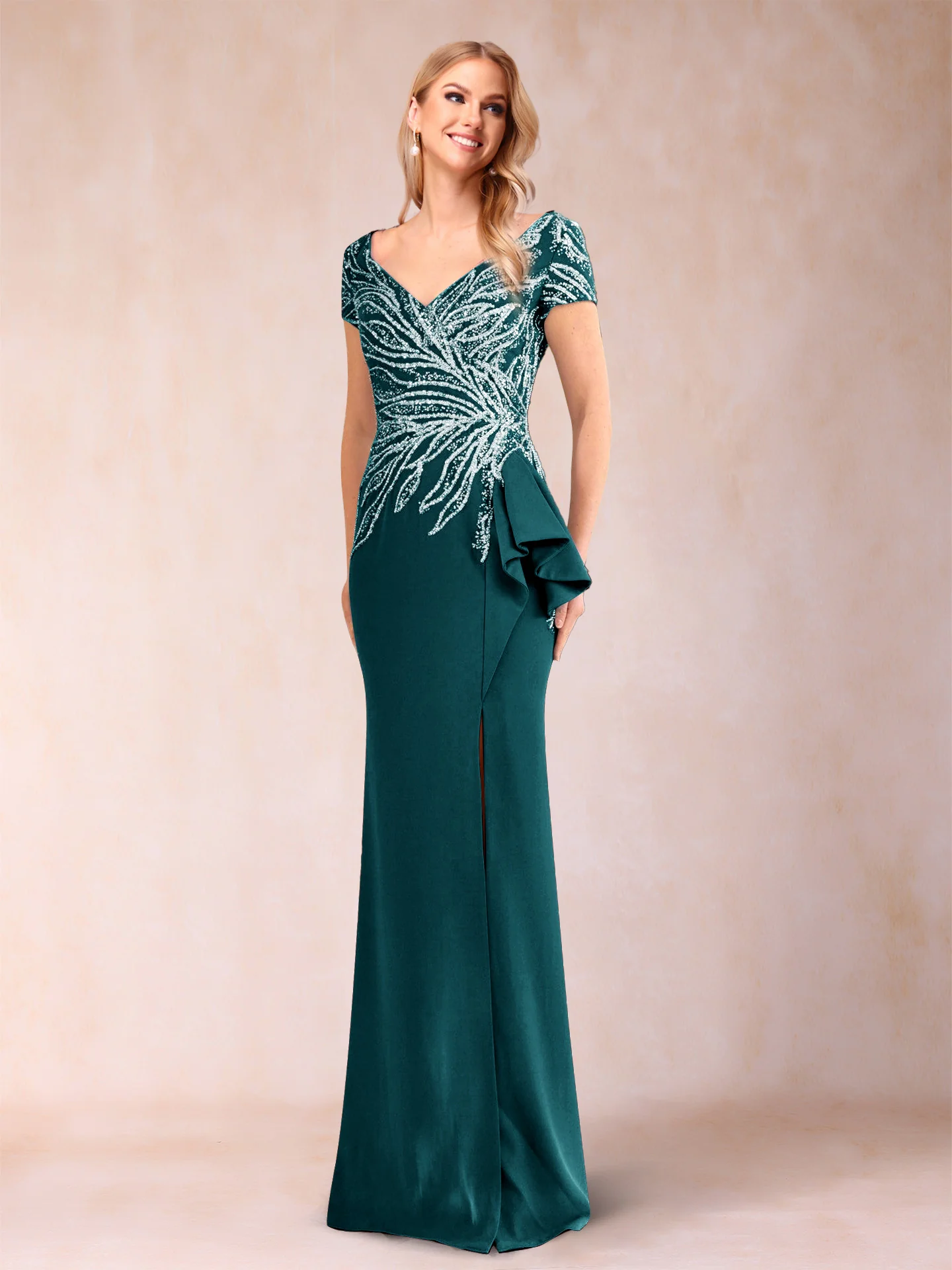 Sheath/Column V-Neck Floor-Length Short Sleeves Mother of the Bride Dresses with Sequins & Split Side - Image 47