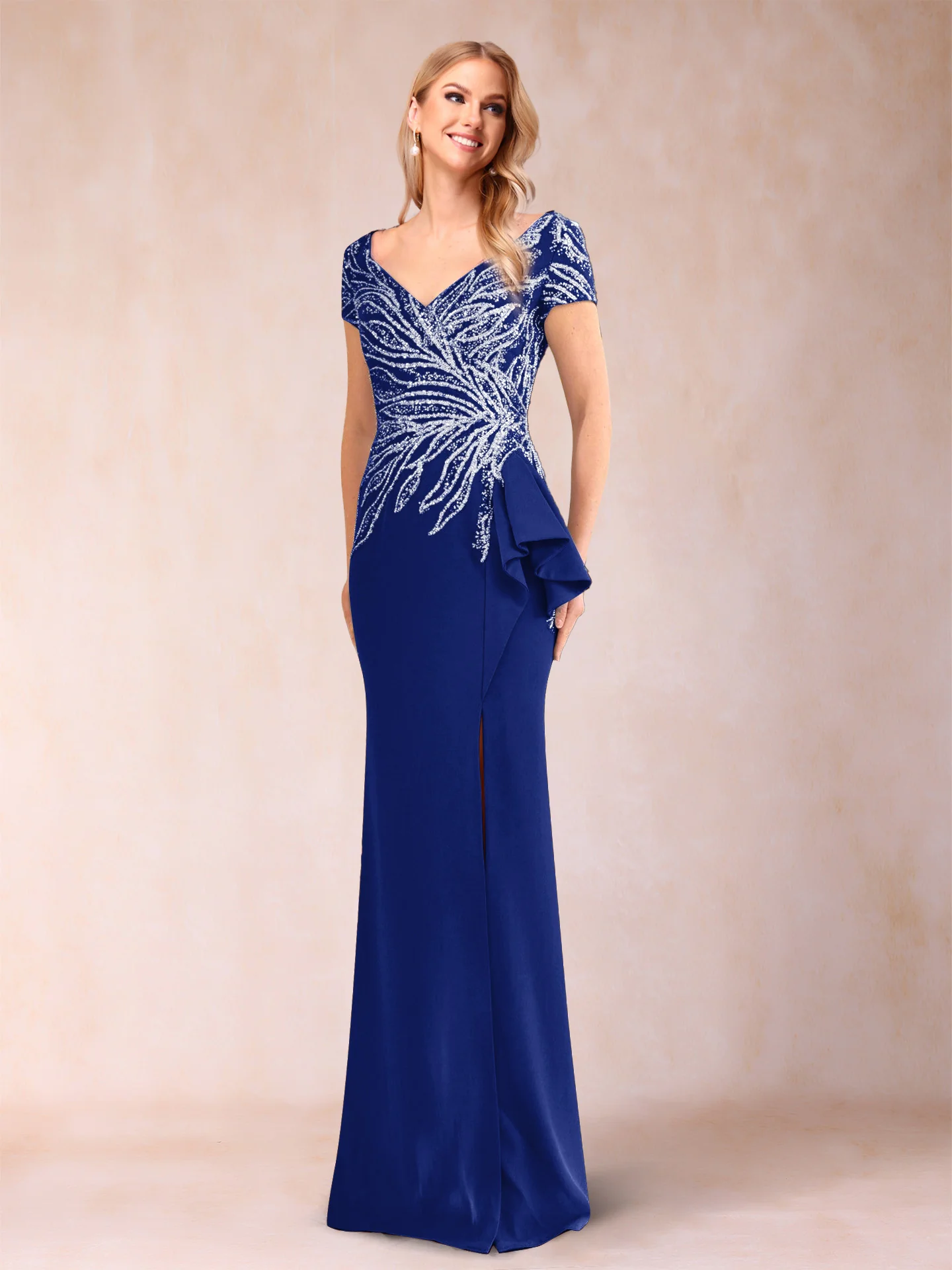 Sheath/Column V-Neck Floor-Length Short Sleeves Mother of the Bride Dresses with Sequins & Split Side - Image 9