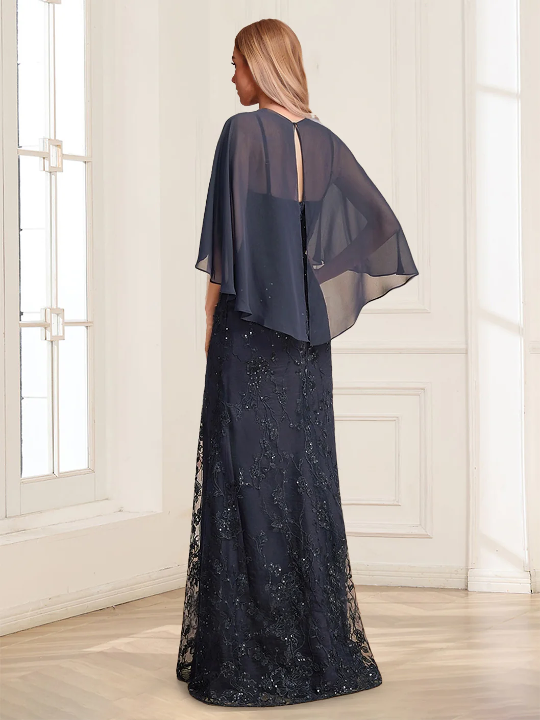 Sheath/Column V-Neck Half Sleeves Floor-Length Mother of the Bride Dresses with Applique & Lace - Image 2