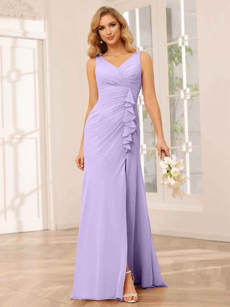 Sheath/Column V-Neck Long Bridesmaid Dresses with Split Side - Image 14