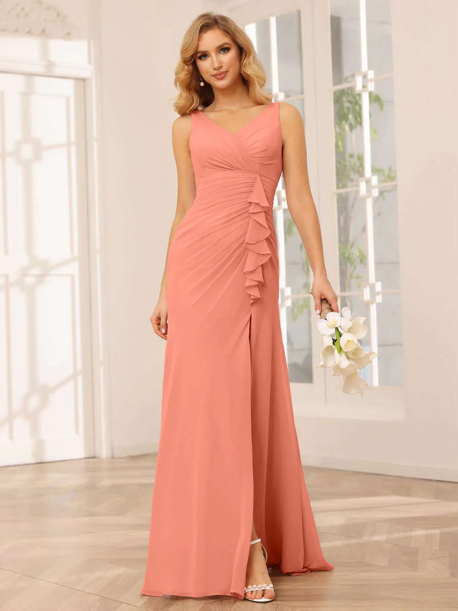 Sheath/Column V-Neck Long Bridesmaid Dresses with Split Side - Image 15