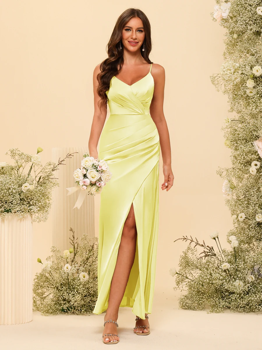 Sheath/Column V-Neck Long Formal Dresses with Split Side & Ruched - Image 61