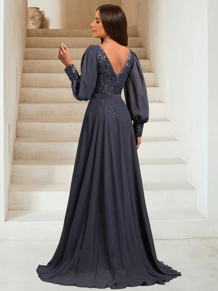 Sheath/Column V-Neck Long Sleeves Floor-Length Evening Dresses with Sequins & Overskirt - Image 2