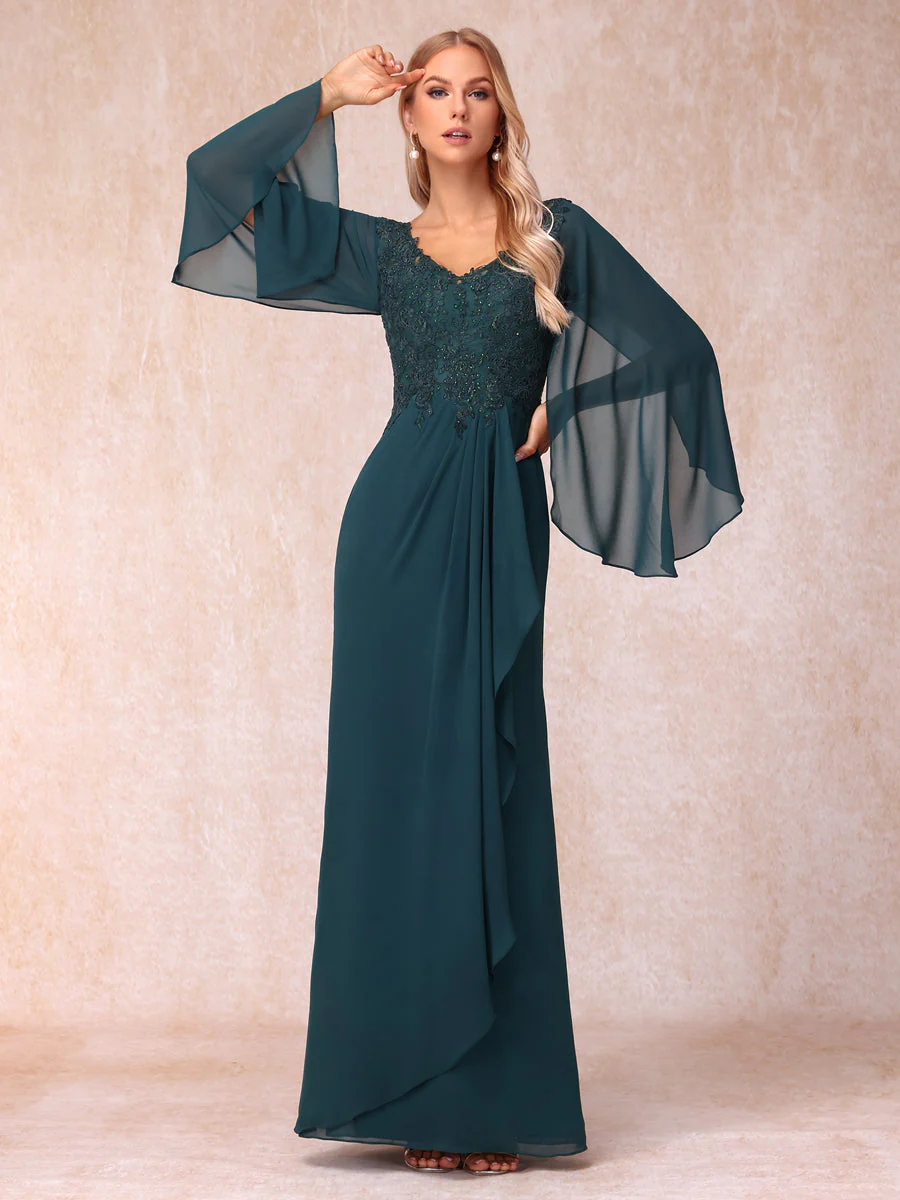 Sheath/Column V-Neck Long Sleeves Long Formal Evening Dresses with Sequins & Appliques - Image 3