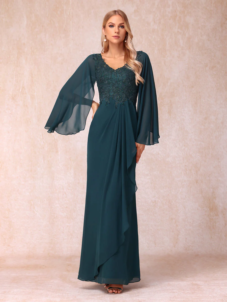 Sheath/Column V-Neck Long Sleeves Long Formal Evening Dresses with Sequins & Appliques - Image 4
