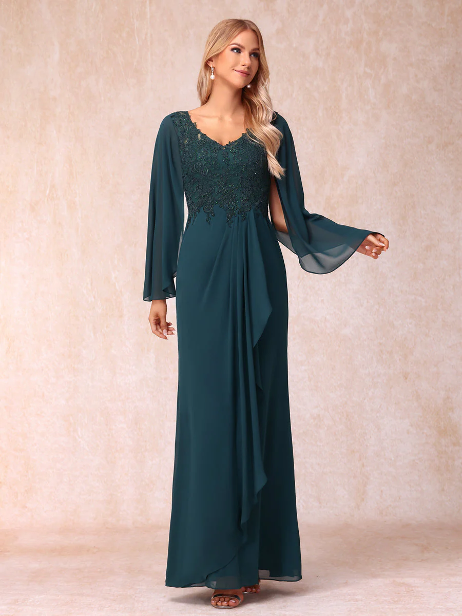 Sheath/Column V-Neck Long Sleeves Long Formal Evening Dresses with Sequins & Appliques - Image 5