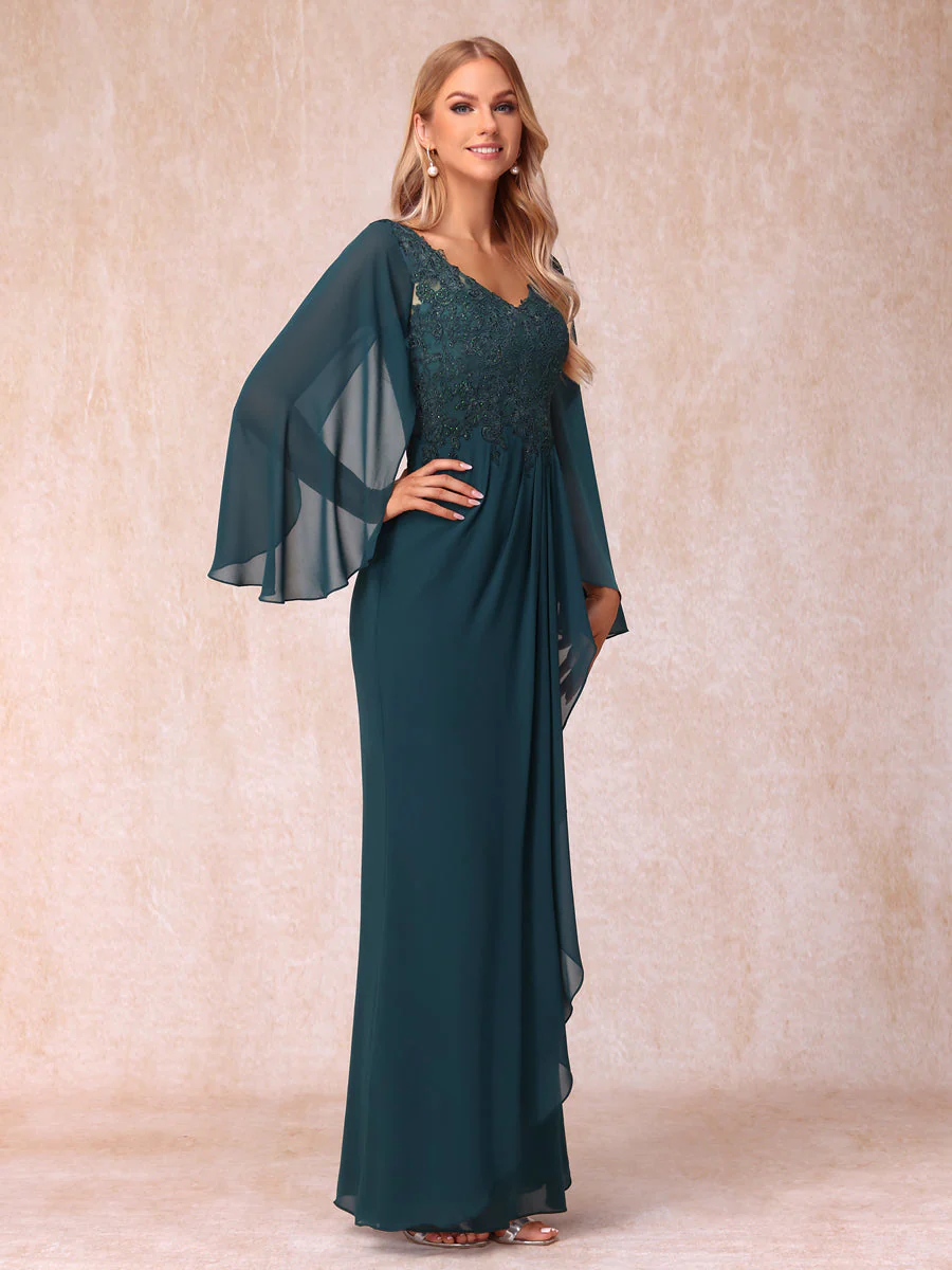 Sheath/Column V-Neck Long Sleeves Long Formal Evening Dresses with Sequins & Appliques - Image 6