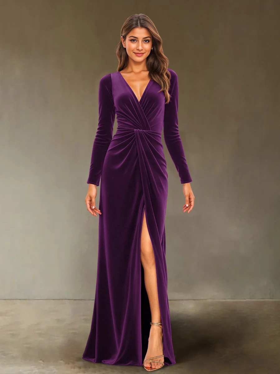 Sheath/Column V-Neck Long Sleeves Velvet Ruched Evening Dresses with Side Slit - Image 11