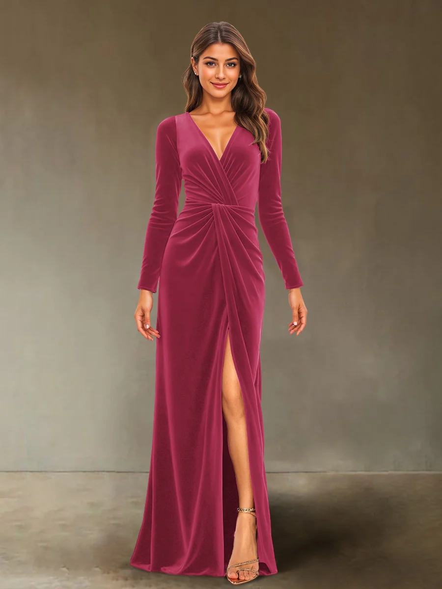 Sheath/Column V-Neck Long Sleeves Velvet Ruched Evening Dresses with Side Slit - Image 23